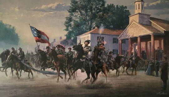 Mort Kunstler Signed Limited Edition Print Morgan's Ohio Raid 22 x 33: Mort Kunstler Signed Limited Edition Print Morgan's Ohio Raid 22 x 33 This stunning print titled 'Morgan's Ohio Raid' by renowned artist Mort Kunstler is a limited edition piece, numbered and signed b