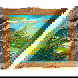 Gerard Calvet 20th Century Expressionist Gruissan Landscape Oil Painting: Gerard Calvet 20th Century Expressionist Gruissan Landscape Oil Painting This exquisite oil on canvas, created by renowned French painter and sculptor Gerard Calvet (1926-2017), showcases a vibrant Gr