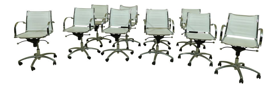 10 Herman Miller Inspired Chrome Office Chairs Set with Adjustable Height: 10 Herman Miller Inspired Chrome Office Chairs Set with Adjustable Height This set includes 10 modern office chairs inspired by Herman Miller design, featuring a polished chrome finish. The chairs are
