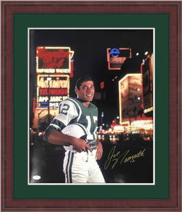 Joe Namath Signed NY Jets Custom Framed Photo with JSA COA 20x16: Joe Namath Signed NY Jets Custom Framed Photo with JSA COA 20x16 Capture a piece of NFL history with this Joe Namath signed custom framed photograph. This stunning piece features the legendary quarter