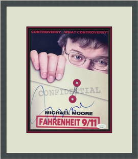 Michael Moore Signed 8x10 Photo Fahrenheit 9/11 Custom Framed JSA COA 14 x 16: Michael Moore Signed 8x10 Photo Fahrenheit 9/11 Custom Framed JSA COA 14 x 16 This is a signed 8x10 photograph from the movie 'Fahrenheit 9/11', featuring the signature of director Michael Moore. The