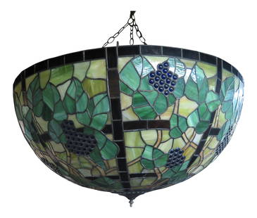 Vintage 60-Year-Old Grapevine Motif Stained Glass Chandelier 38x38x20: Vintage 60-Year-Old Grapevine Motif Stained Glass Chandelier 38x38x20 This vintage chandelier showcases a stunning grapevine motif crafted from high-quality leaded stained glass. With an impressive si