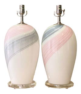 Restored Vintage Murano Glass Lamps with Lucite Base 20" Tall: Restored Vintage Murano Glass Lamps with Lucite Base 20" Tall This exquisite pair of vintage Murano glass lamps showcases a stunning swirl design in shades of pink and grey, elegantly resting on a luc