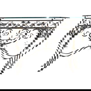 Vintage Wrought Iron Console Table with Glass Top: Vintage Wrought Iron Console Table with Glass Top This exquisite vintage wrought iron console table features intricate floral and bird designs, making it a stunning addition to any home. The table is