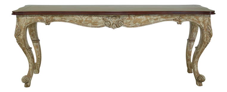 Country French Console Table with Cherry Parquet Top 73 x 19.5 x 30.5: Country French Console Table with Cherry Parquet Top 73 x 19.5 x 30.5 This exquisite Country French console table features a charming distressed vintage white painted finish base complemented by a hig