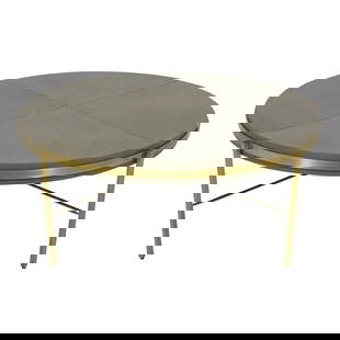 Modern Round Leather Top Coffee Table with Brass Base 41 x 41 x 16.5: Modern Round Leather Top Coffee Table with Brass Base 41 x 41 x 16.5 This exquisite round coffee table features a modern design that seamlessly combines elegance and functionality. Crafted approximate