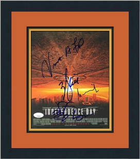 Independence Day Signed Photograph 14 x 16 Custom Framed JSA Authenticated: Independence Day Signed Photograph 14 x 16 Custom Framed JSA Authenticated This stunning custom framed photograph from the iconic movie "Independence Day" features the autographs of esteemed actors Wi
