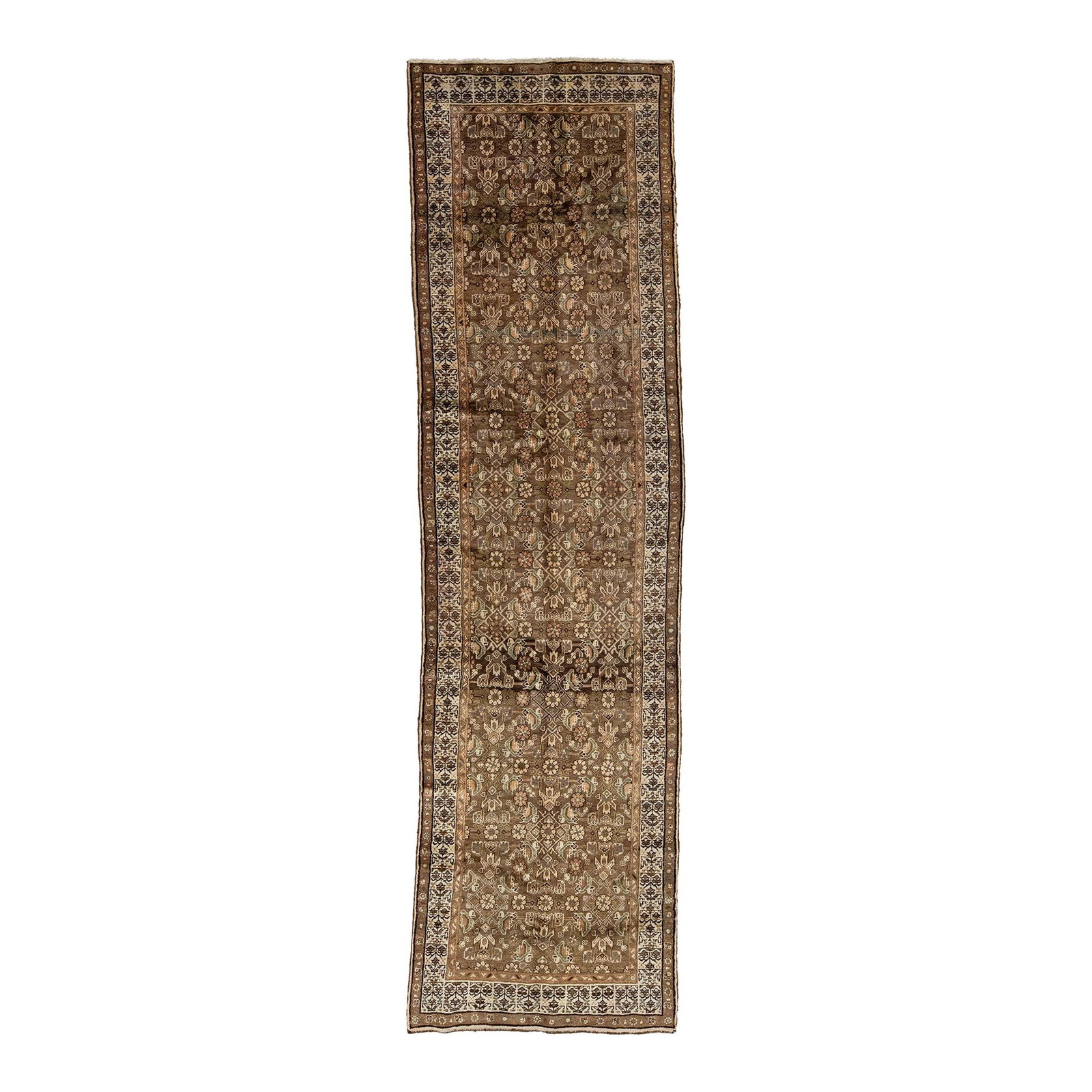 20th Century Persian Hamadan Hand-Knotted Wool Rug 3'7 x 13'4: 20th Century Persian Hamadan Hand-Knotted Wool Rug 3'7 x 13'4 This beautiful 20th-century Persian Hamadan Hand-knotted wool rug has a brown field with accents in orange and beige throughout the design