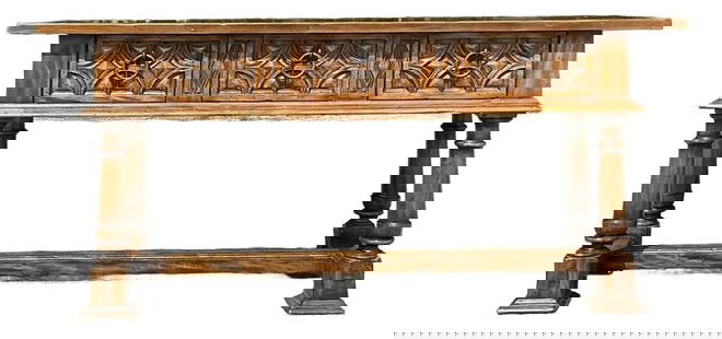 Vintage Alphonso Marina Carved Console Table with Gothic Design: Vintage Alphonso Marina Carved Console Table with Gothic Design Transform your living space with this exceptional vintage carved console table by Alphonso Marina, renowned for its exquisite craftsmans