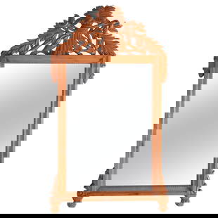 Italian 20th Century Carved Hardwood Wall Mirror with Wheat Pediment: Italian 20th Century Carved Hardwood Wall Mirror with Wheat Pediment This exquisite Italian wall mirror features a beautifully carved hardwood frame, showcasing a charming harvest wheat form pediment.