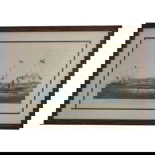 Antique 100 Year Old English Steamship Engraving in Oak Frame 36.5 x 27.5: Antique 100 Year Old English Steamship Engraving in Oak Frame 36.5 x 27.5 This exquisite vintage colored engraving depicts an English steamship and is presented in a custom oak frame, enhancing its vi