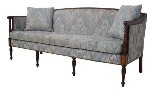 Hickory Chair Co Sheraton Style Mahogany Upholstered Sofa: Hickory Chair Co Sheraton Style Mahogany Upholstered Sofa Elevate your living space with this exquisite Sheraton style upholstered sofa, crafted from high-quality mahogany. With a timeless traditional