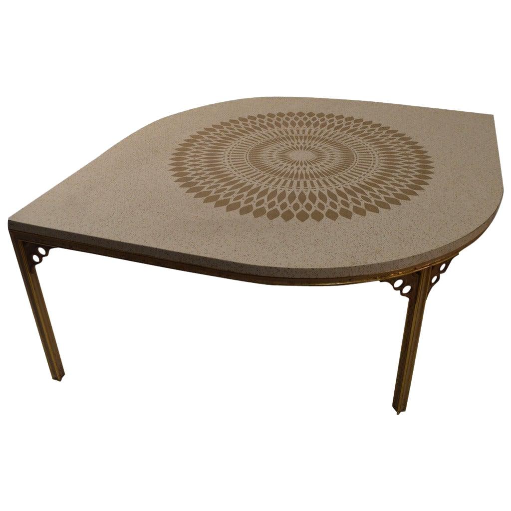 John Van Koert Eye Shaped Cymbal Coffee Table Cream Aluminum 34 x 47.5 x 16: John Van Koert Eye Shaped Cymbal Coffee Table Cream Aluminum 34 x 47.5 x 16 This chic Eye Shaped Coffee Cocktail Table showcases a stylish formica top featuring a medallion center motif, elegantly sup