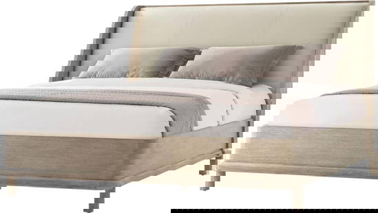 Theodore Alexander King Repose Bed Gray Oak Upholstered Headboard: Theodore Alexander King Repose Bed Gray Oak Upholstered Headboard Experience luxury and comfort with the King Repose Bed in Gray Oak by Theodore Alexander. This beautifully crafted bed features an ele
