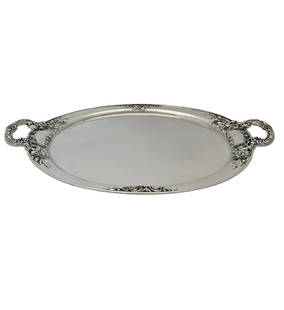 Antique 925 Sterling Silver Floral Leaf Serving Tray 26.50 x 16.75 Inches: Antique 925 Sterling Silver Floral Leaf Serving Tray 26.50 x 16.75 Inches This exquisite antique serving platter tray is crafted from 925 sterling silver, showcasing intricate handmade floral and leaf