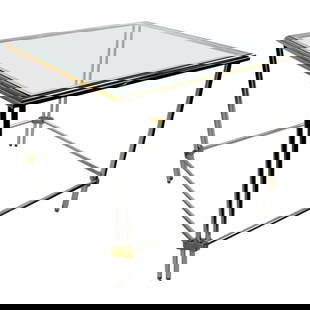 John Vesey Square Aluminum Brass Glass Table 33x33x28: John Vesey Square Aluminum Brass Glass Table 33x33x28 Discover the elegance of this sophisticated square end or side table designed by John Vesey. This exquisite piece features a plate glass top suppo
