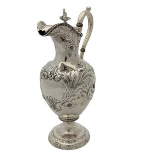 Antique 925 Sterling Silver Floral Engraved Oil Pitcher 9.50": Antique 925 Sterling Silver Floral Engraved Oil Pitcher 9.50" This exquisite antique oil pitcher is crafted from 925 sterling silver, showcasing intricate handmade chased floral engravings that add a