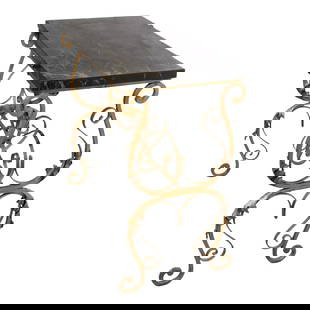 Art Deco Side Table Black Marble Wrought Iron Base 24 x 12 x 22.5 After Oscar Bach: Art Deco Side Table Black Marble Wrought Iron Base 24 x 12 x 22.5 After Oscar Bach This stylish Art Deco side or end table features a thick black marble top complemented by a decorative wrought iron b
