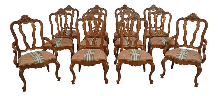 12 Century Coeur De France Bordeaux Carved Dining Chairs Set: 12 Century Coeur De France Bordeaux Carved Dining Chairs Set This exquisite set of 12 Century Coeur De France dining chairs from the Bordeaux Collection showcases fine craftsmanship with intricate car