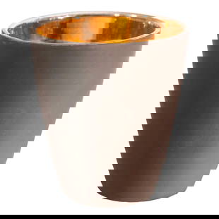 Mid Century Art Deco Crossed Arrow Vase Brown Gold 4.75": Mid Century Art Deco Crossed Arrow Vase Brown Gold 4.75" Sophisticated Art Deco, Mid Century ceramic, porcelain vase having a mat finish exterior in brown, with a bright mirror finish gold interior gl