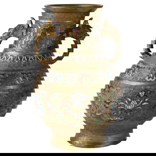 Antique Chinese Enameled Vase C1890 with Mythical Figural Handles: Antique Chinese Enameled Vase C1890 with Mythical Figural Handles This exquisite antique Chinese enameled vase, crafted circa 1890, showcases exceptional artistry with figural handles adorned with myt