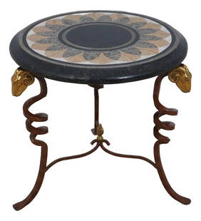 Maitland Smith Piera Dura Marble Top Rams Head Table Lamp: Maitland Smith Piera Dura Marble Top Rams Head Table Lamp This elegant Maitland Smith Piera Dura table showcases a stunning marble top supported by a quality construction iron base, featuring intricat