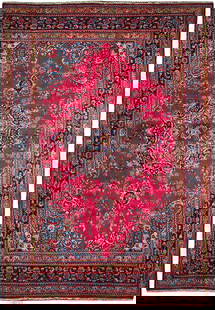 Handwoven 8 x 11 Persian Mashad Rug in Red Blue Gold: Handwoven 8 x 11 Persian Mashad Rug in Red Blue Gold Discover the exquisite craftsmanship of this 8 x 11 Semi-Antique Persian Mashad Rug, handwoven by skilled Persian artisans. This stunning rug featu