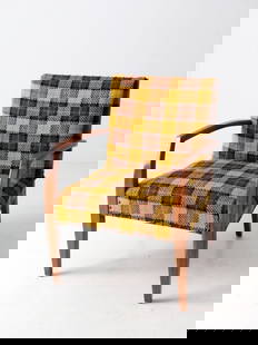 Vintage Mid Century Lounge Chair Yellow Plaid Upholstery Wood Frame: Vintage Mid Century Lounge Chair Yellow Plaid Upholstery Wood Frame This mid 20th century vintage lounge chair showcases a vibrant yellow plaid upholstery, perfectly complemented by a sleek wood frame