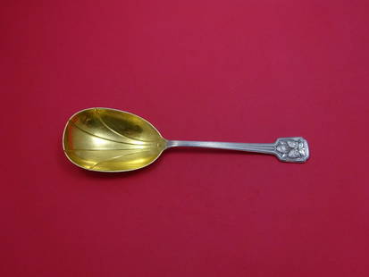 Tiffany & Co. Strawberry Deco Sterling Silver Berry Spoon Gold Washed 9 3/8": Tiffany & Co. Strawberry Deco Sterling Silver Berry Spoon Gold Washed 9 3/8" This exquisite serving spoon is a striking example of the Strawberry Deco pattern by Tiffany & Co. Crafted from sterling si
