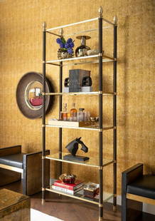 Elegant Pierce Etagere with Tempered Glass Shelves: Elegant Pierce Etagere with Tempered Glass Shelves Introducing the Elegant Pierce Etagere, a stunning addition to your home decor that combines functionality with exquisite design. This tall shelving