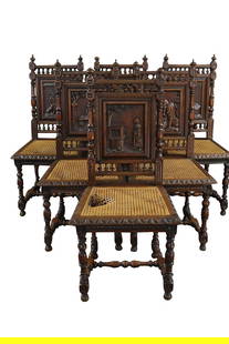 1890 Brittany Dining Chairs Set from France Cane Chestnut: 1890 Brittany Dining Chairs Set from France Cane Chestnut Experience the charm of the past with these elegant 1890 Brittany dining chairs from France. Crafted from chestnut and featuring cane accents,
