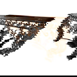 Custom Bronze Iron Console Table with Black Marble Top: Custom Bronze Iron Console Table with Black Marble Top This custom iron work console table features a black marble top with a beveled edge. The cabinetry is custom made, hand wrought in iron with bron