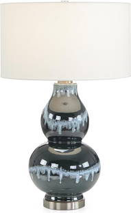 John-Richard Navy Blue Rain Table Lamp with White Shade: John-Richard Navy Blue Rain Table Lamp with White Shade Illuminate your space with this classic Navy Blue Rain Table Lamp, designed with elegant details that enhance any transitional decor. Standing a