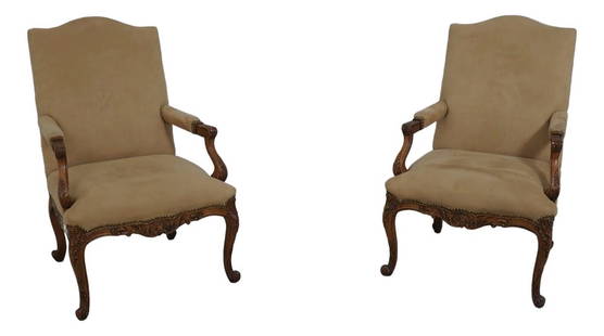 Elegant Pair of Baker French Louis XV Tan Suede Armchairs: Elegant Pair of Baker French Louis XV Tan Suede Armchairs This exquisite pair of Baker French Louis XV armchairs showcases timeless elegance and superior craftsmanship. Constructed approximately 15 ye