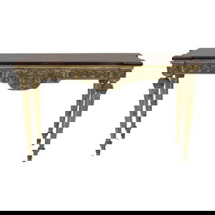 Regency Style Console Table Silver Gilt Faux Marble 58.5w x 20d x 35h: Regency Style Console Table Silver Gilt Faux Marble 58.5w x 20d x 35h Enhance your home decor with this exquisite Regency Style Console Table, showcasing a stunning painted faux marble top complemente