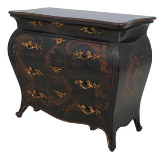 Vintage Black Lacquer Chinoiserie Commode Chest with Brass Hardware: Vintage Black Lacquer Chinoiserie Commode Chest with Brass Hardware This exquisite Vintage Black Lacquer Chinoiserie Decorated Commode Chest showcases quality craftsmanship and stunning decorative art