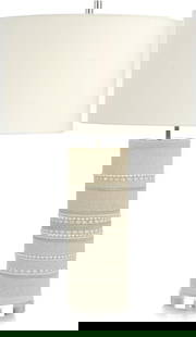 John-Richard Nickel-Finished Beaded Column Table Lamp 33H: John-Richard Nickel-Finished Beaded Column Table Lamp 33H Enhance your space with this sophisticated beaded column table lamp, featuring a stunning nickel finish. The lamp stands at a height of 33 inc