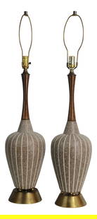 Mid Century Striped Ceramic Table Lamps with Teak and Brass: Mid Century Striped Ceramic Table Lamps with Teak and Brass This stylish pair of Mid Century table lamps features striped ceramic bodies, complemented by teak necks and sturdy brass bases. Both lamps
