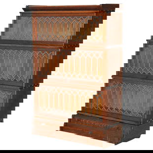 Macy Arts and Crafts Oak Leaded Glass Three-Stack Barrister Bookcase c1920: Macy Arts and Crafts Oak Leaded Glass Three-Stack Barrister Bookcase c1920 This stunning early 20th-century Arts and Crafts Mission Oak and Leaded Glass Barrister Bookcase features a classic design wi