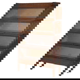 Mission Style Four Stack Oak Barrister Bookcase Circa 1910: Mission Style Four Stack Oak Barrister Bookcase Circa 1910 This elegant Mission Style Arts and Crafts Four Stack Oak Barrister Bookcase, manufactured circa 1910, showcases the timeless craftsmanship o