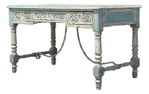 Vintage Boho Spanish Hand Carved Writing Desk Sky Blue: Vintage Boho Spanish Hand Carved Writing Desk Sky Blue Enhance your home with the enchanting Vintage Boho Spanish Hand Carved Writing Desk, a perfect blend of old-world charm and artisanal elegance. T