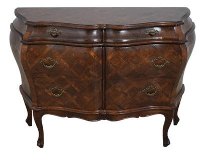 Stunning Italian Bombe 3 Drawer Commode Chest Antique Wood: Stunning Italian Bombe 3 Drawer Commode Chest Antique Wood This stunning Italian Bombe 3 Drawer Commode Chest is approximately 30 years old and features a factory distressed finish. It is in excellent