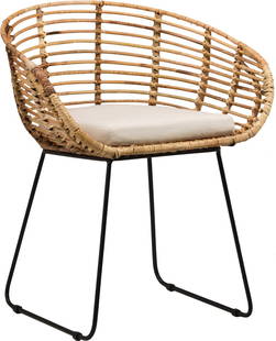 Vintage Black Iron Dining Chair with Natural Rattan and Linen Cushion: Vintage Black Iron Dining Chair with Natural Rattan and Linen Cushion Introducing the Elegant Black and Rattan Vintage Dining Chair, a beautifully crafted piece that combines an antique-inspired desig
