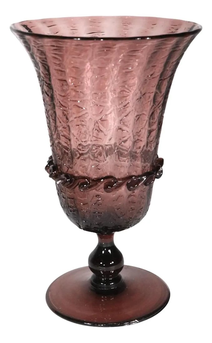 Vintage Purple Empoli Mid Century Art Glass Chalice Vase: Vintage Purple Empoli Mid Century Art Glass Chalice Vase This stunning Mid Century Art Glass vase, crafted in Italy and attributed to Empoli, captures the essence of 1950s-60s design. Showcasing a uni