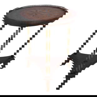 Round Inlaid Top Lamp Table with Brass Gallery 26x26x34: Round Inlaid Top Lamp Table with Brass Gallery 26x26x34 This elegant round lamp table features a beautifully inlaid top complemented by a brass gallery. The table is supported by stylish bamboo-form m