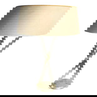 Marian Jamieson Equis Desk Lamp Silver Nickel Finish 23.25" H: Marian Jamieson Equis Desk Lamp Silver Nickel Finish 23.25" H Introducing the Equis Desk Table Lamp, designed by renowned contemporary designer Marian Jamieson. This chic lamp features a striking X-fo