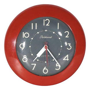Ingraham Mid Century Aristocrat Clock Red Metal 7 Inch: Ingraham Mid Century Aristocrat Clock Red Metal 7 Inch Mid Century Retro kitchen wall clock, "Aristocrat" by Ingraham. The clock features a red metal border, with a gray and white face. This example i