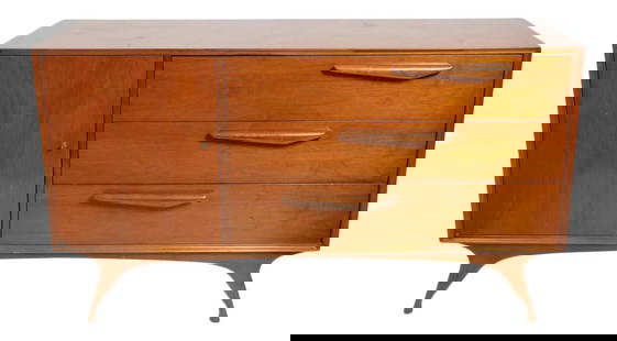 Mid Century Walnut Chest Dresser with Sculptural Legs 56 x 19 x 31.5: Mid Century Walnut Chest Dresser with Sculptural Legs 56 x 19 x 31.5 This stunning Mid Century Chest Dresser features three spacious drawers, each equipped with a stylized pull, and is complemented by