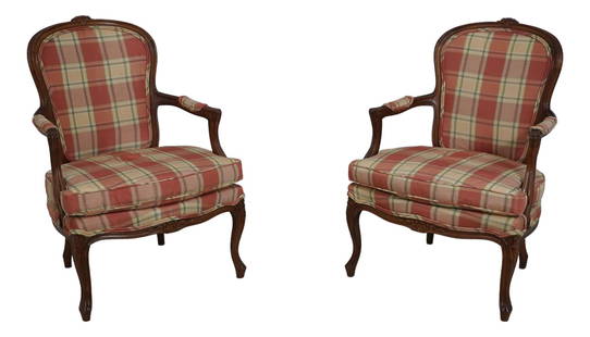 Vintage French Louis XV Upholstered Bergere Chairs 27x23x37 Brown: Vintage French Louis XV Upholstered Bergere Chairs 27x23x37 Brown This exquisite pair of vintage French Louis XV upholstered Bergere chairs showcases fine carved details that reflect the elegance of F