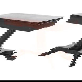 Circa 1840 Antique American Empire Flame Mahogany Card Table: Circa 1840 Antique American Empire Flame Mahogany Card Table This exquisite Antique American Empire Flame Mahogany Card Table, dating back to circa 1840, showcases a striking flame mahogany constructi